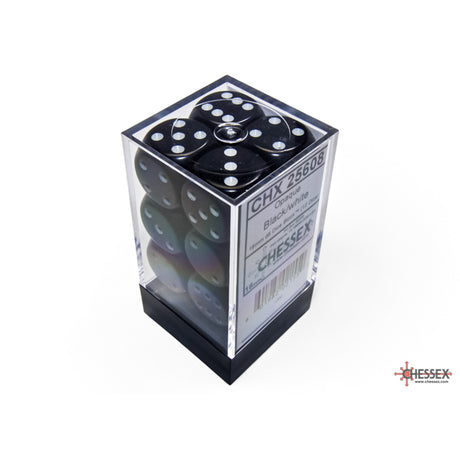 CHX 25608 Opaque Black/white 16mm d6 Dice Block (12 dice)