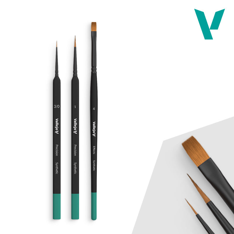 Vallejo - Hobby Brushes: Precision Starter Set (Round No. 1, 3/0, Flat No. 4 Synthetic)